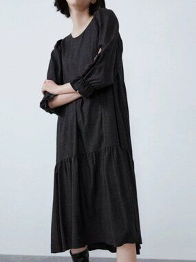 Zara Oversized Midi Maxi Dress Tiered Gray XS NWT Modest Whimsigoth Dark Cottage